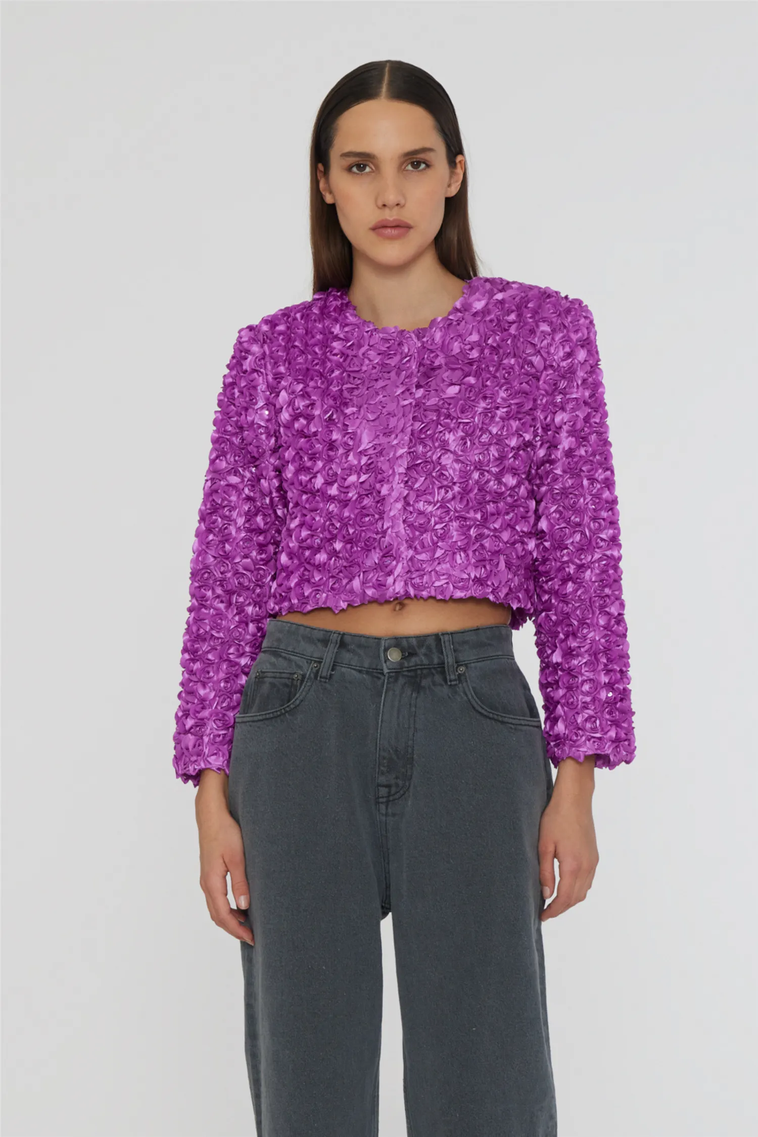 3D Flower Crop Jacket Purple Cactus Flower