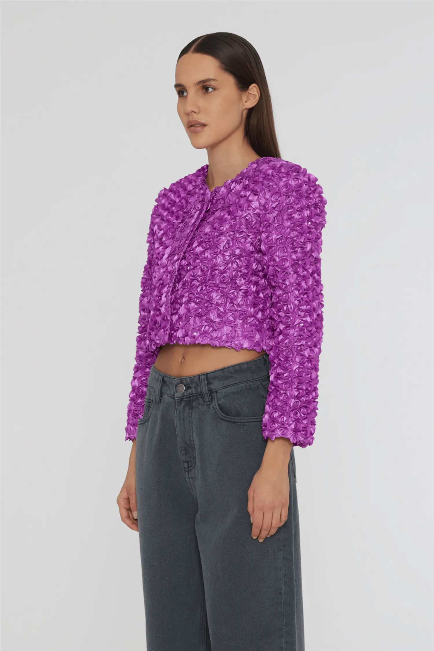 3D Flower Crop Jacket Purple Cactus Flower