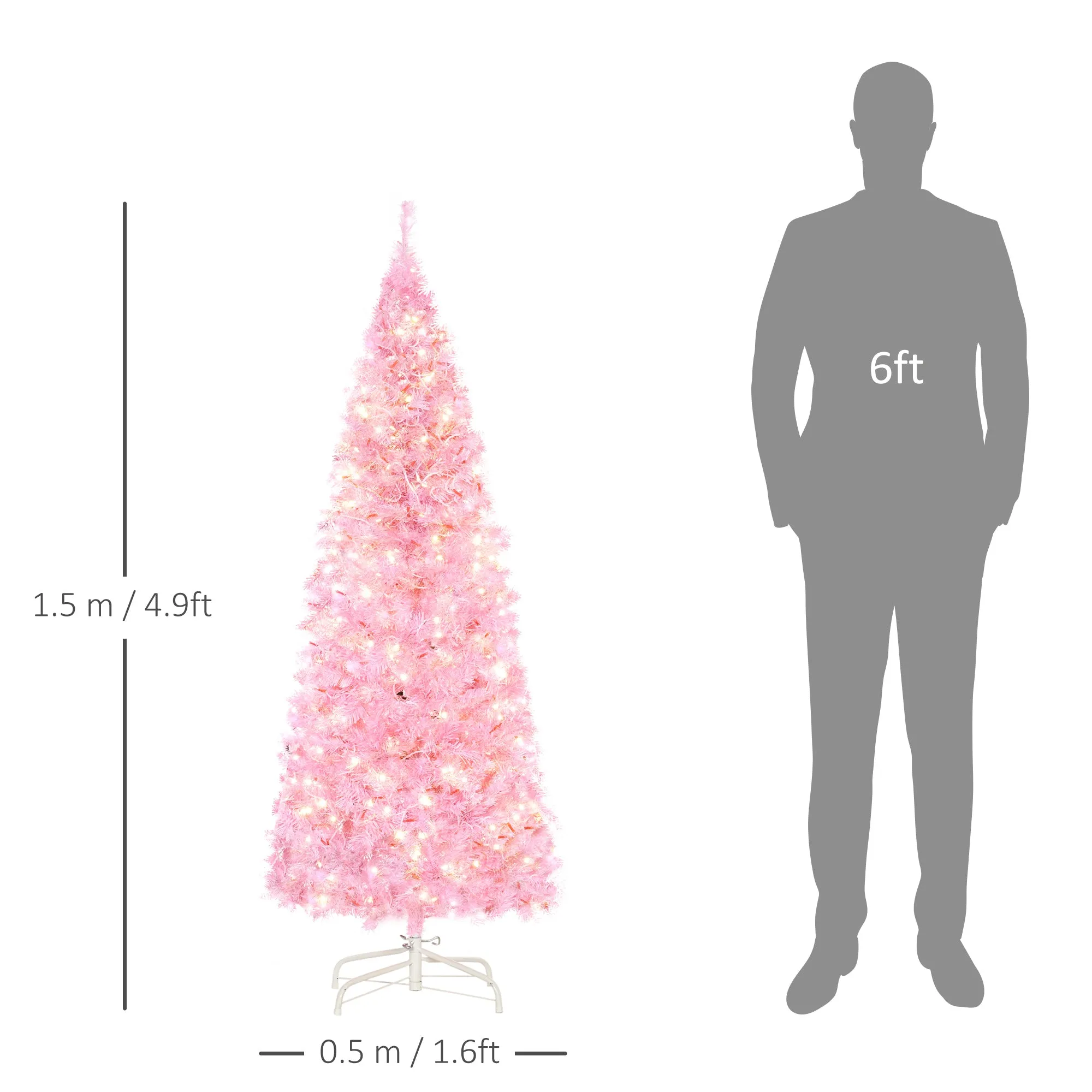 5' Tall Prelit Pencil Slim Artificial Christmas Tree with Realistic Branches, 250 Warm White LED Lights and 408 Tips, Xmas Decoration, Pink