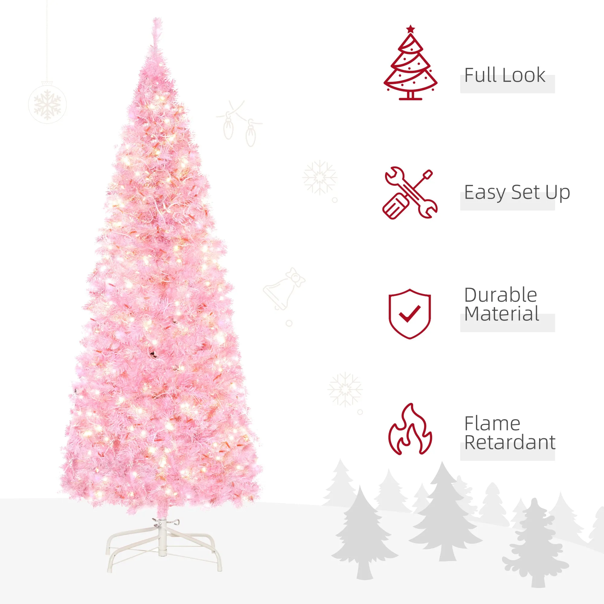 5' Tall Prelit Pencil Slim Artificial Christmas Tree with Realistic Branches, 250 Warm White LED Lights and 408 Tips, Xmas Decoration, Pink