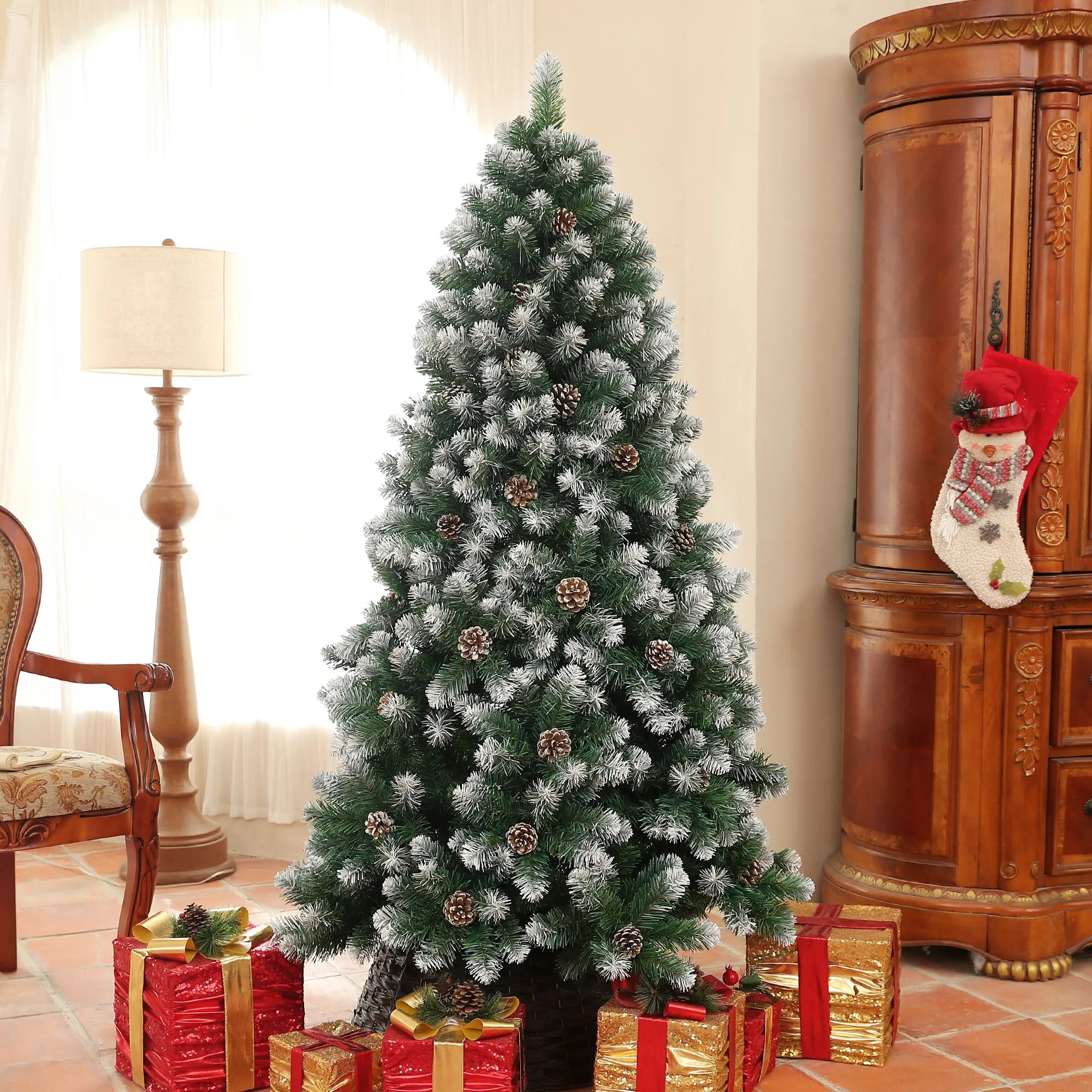 6ft Artificial Pine Christmas Tree with Pinecones, Steel Base