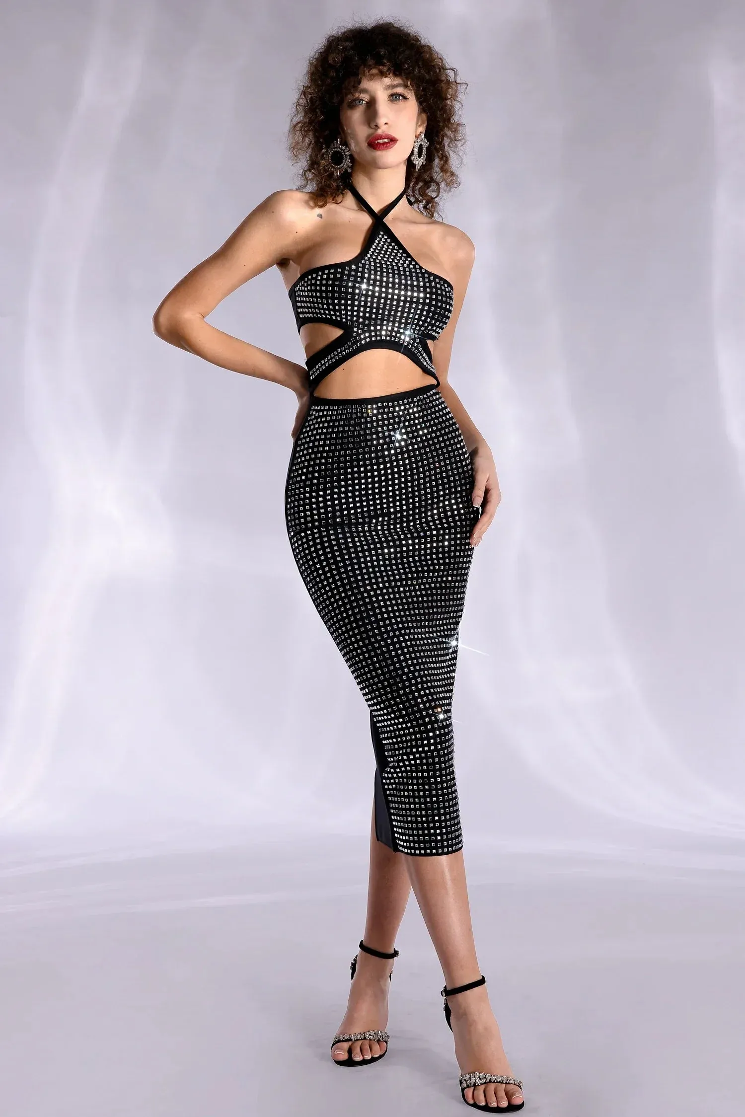 AGNI TIE RHINESTONE BANDAGE DRESS IN BLACK