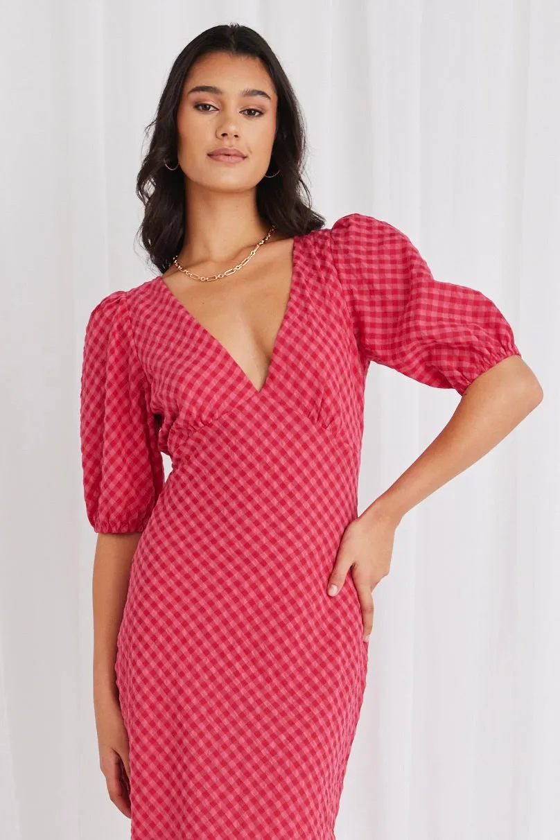 Amora Raspberry Gingham SS Bias Midi Dress