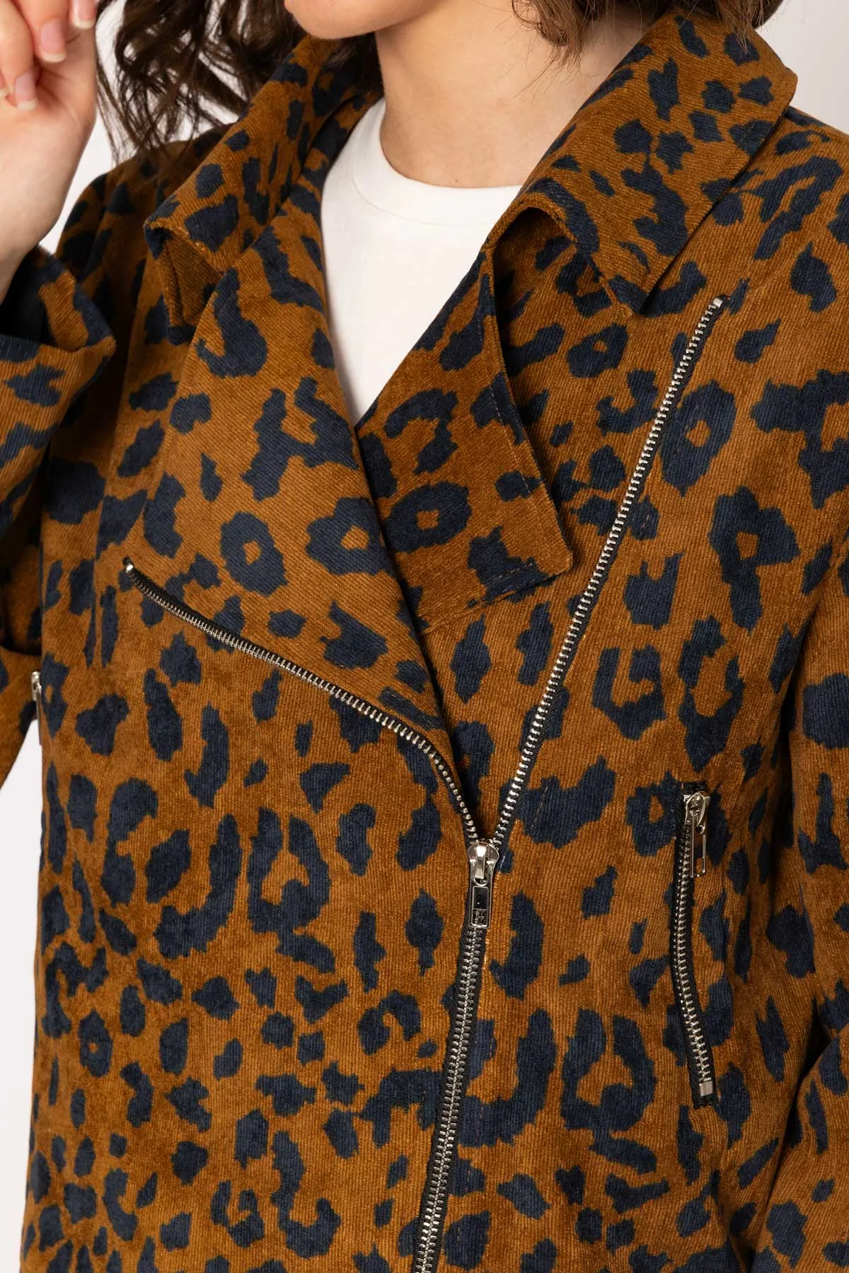 Animal Print Cord Biker Jacket