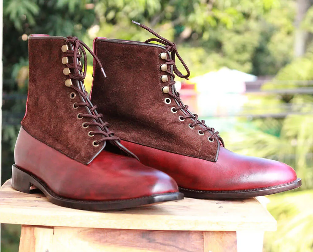 Ankle High Brown Burgundy Boot, Men's Handmade Leather Suede Lace Up Boots For men's Boot