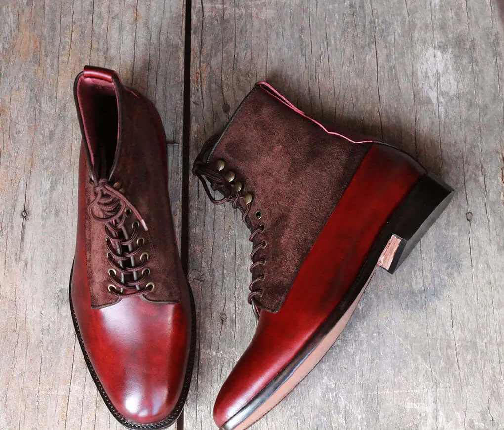 Ankle High Brown Burgundy Boot, Men's Handmade Leather Suede Lace Up Boots For men's Boot