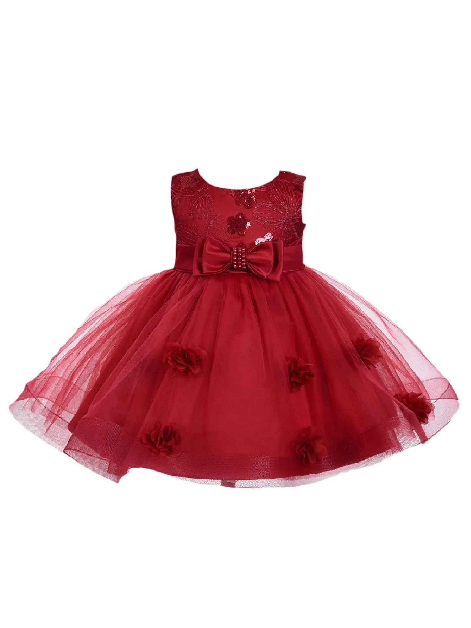 Baby Girls Burgundy Bow Floral Appliques Tulle Flower Girl Dress 6-24 Months