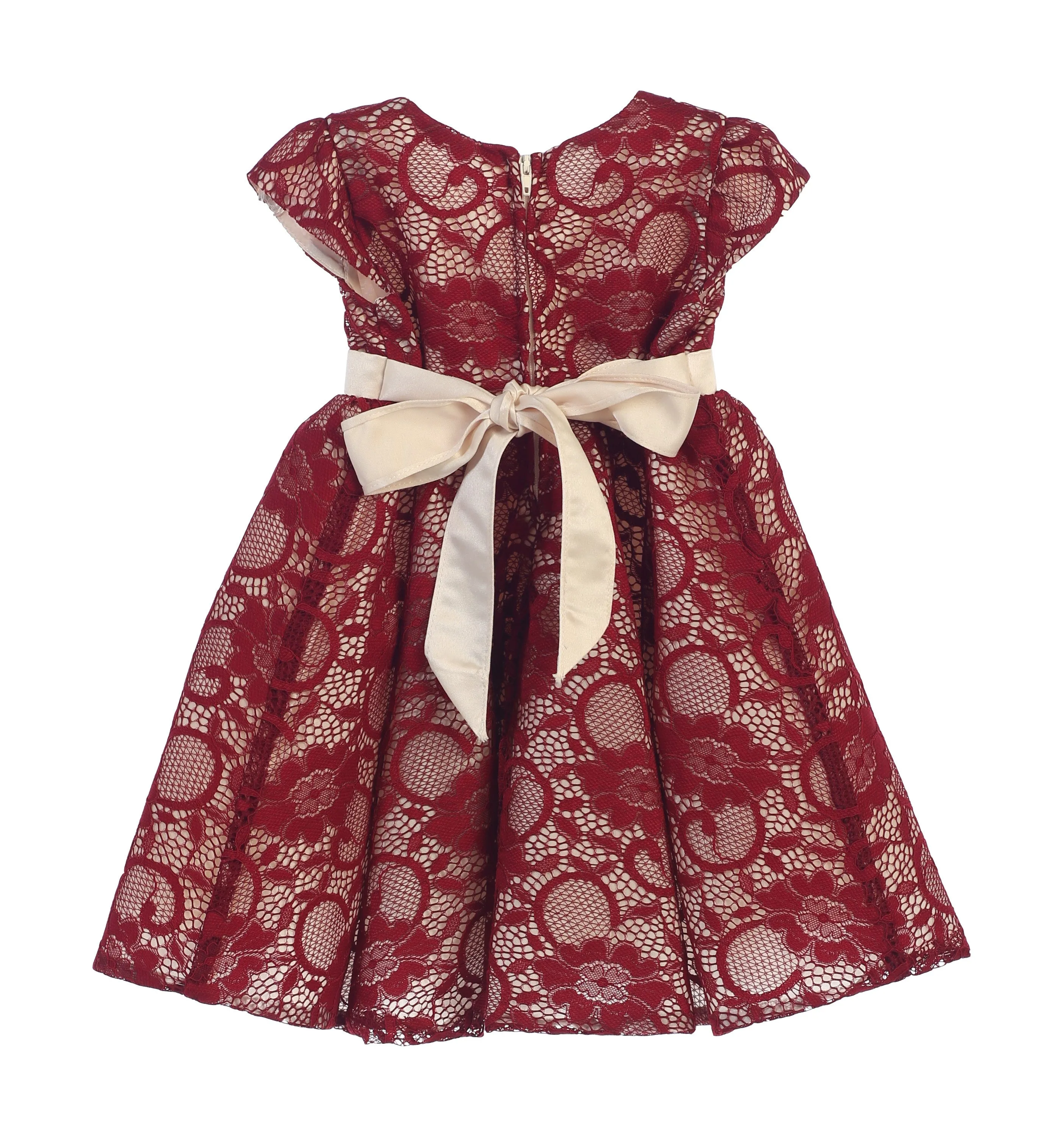 Baby Girls Burgundy Champagne Floral Lace Occasion Dress 6-24M