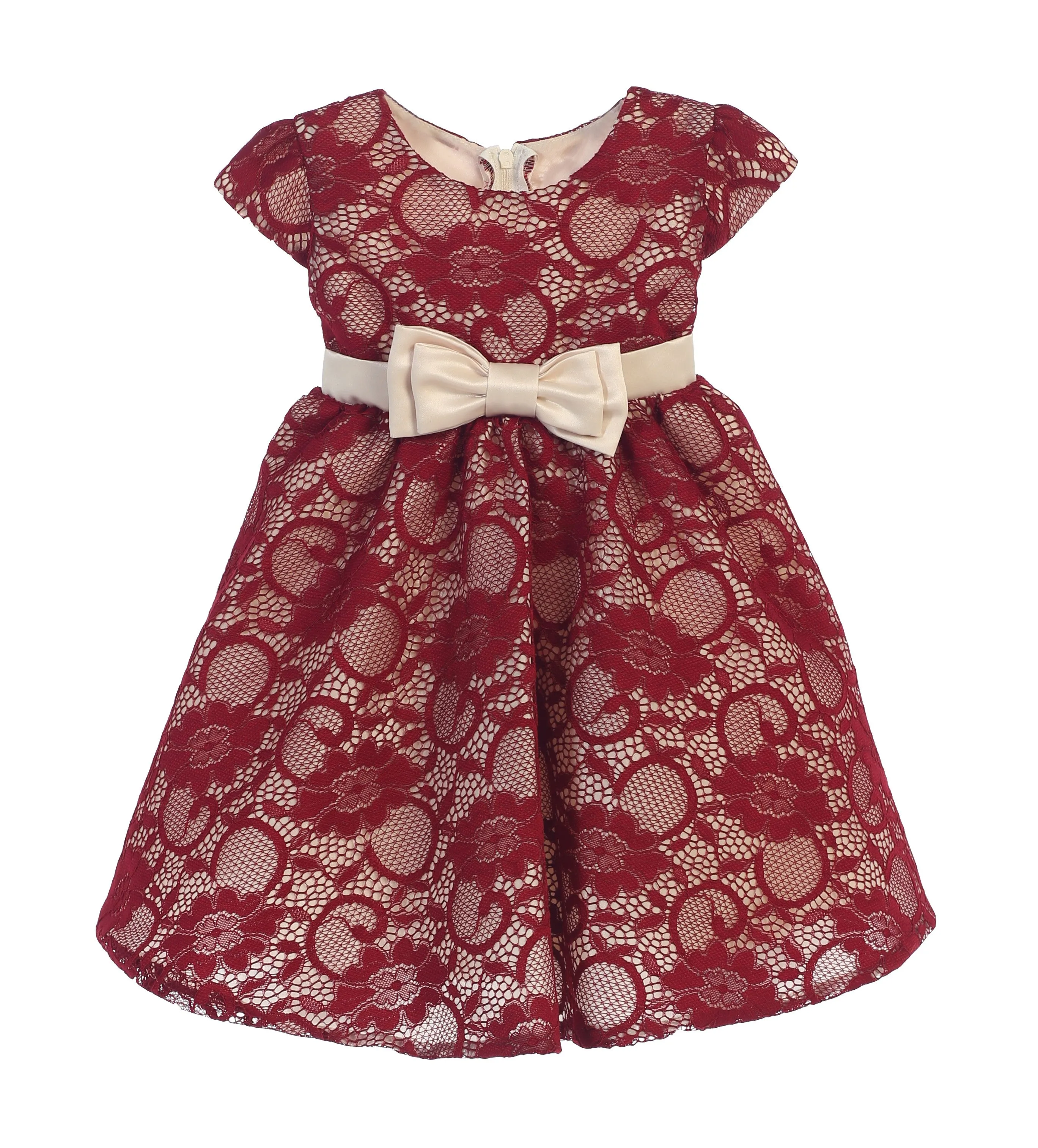 Baby Girls Burgundy Champagne Floral Lace Occasion Dress 6-24M