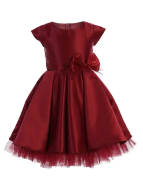 Baby Girls Burgundy Full Pleated Satin Bow Flower Girl Dress 6-24M