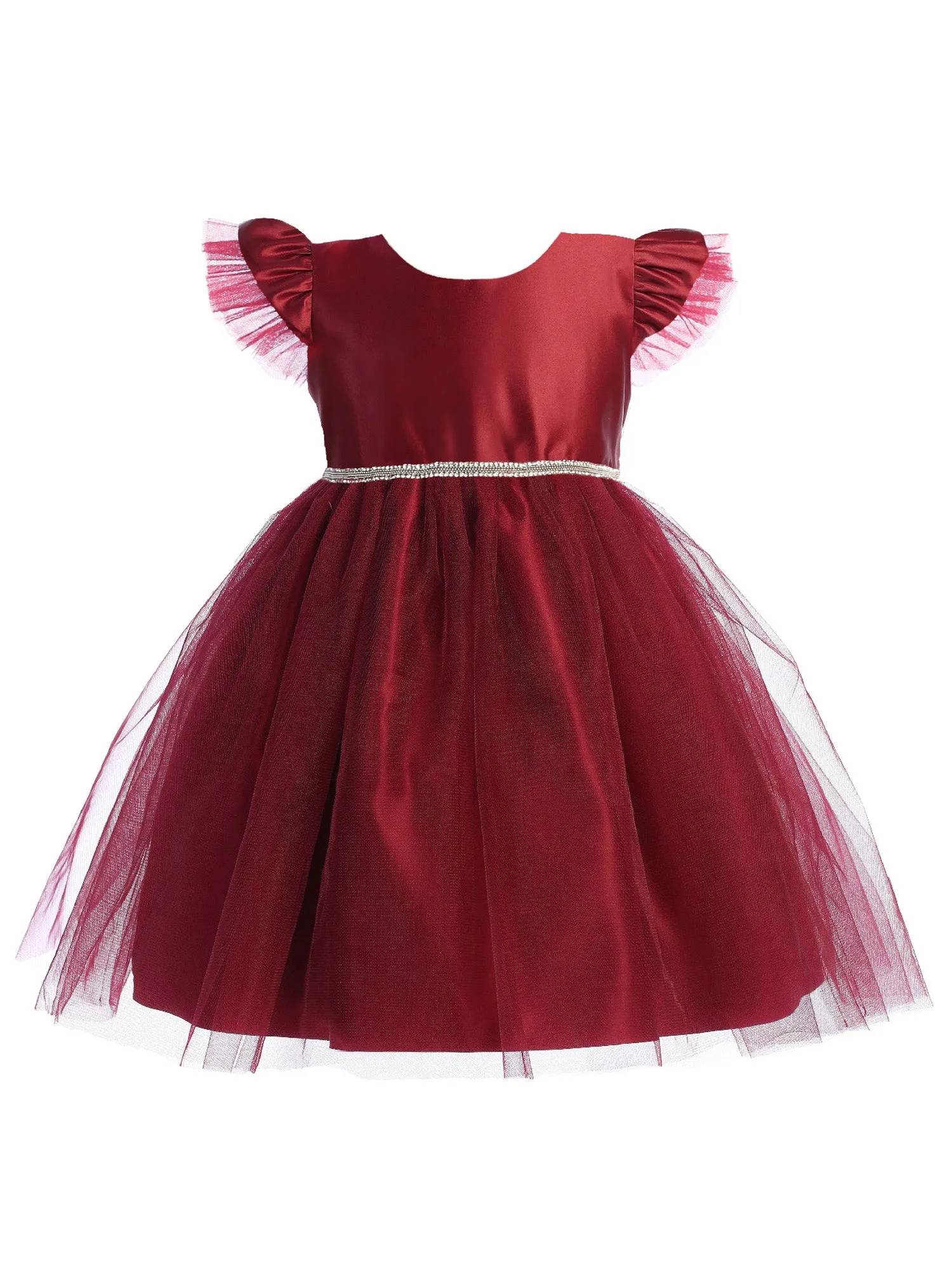 Baby Girls Burgundy Satin Tulle Flutter Sleeve Flower Girl Dress 6-24Months