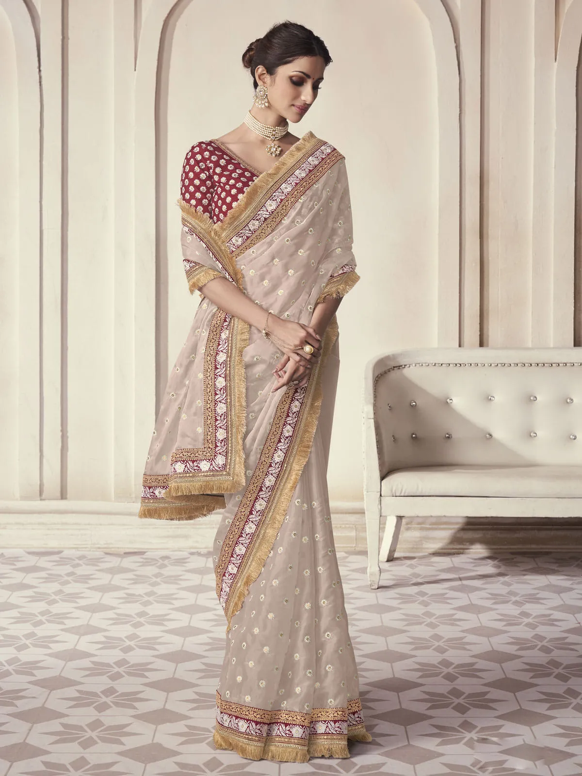 Beige Color Organza Embroidered Classic Saree