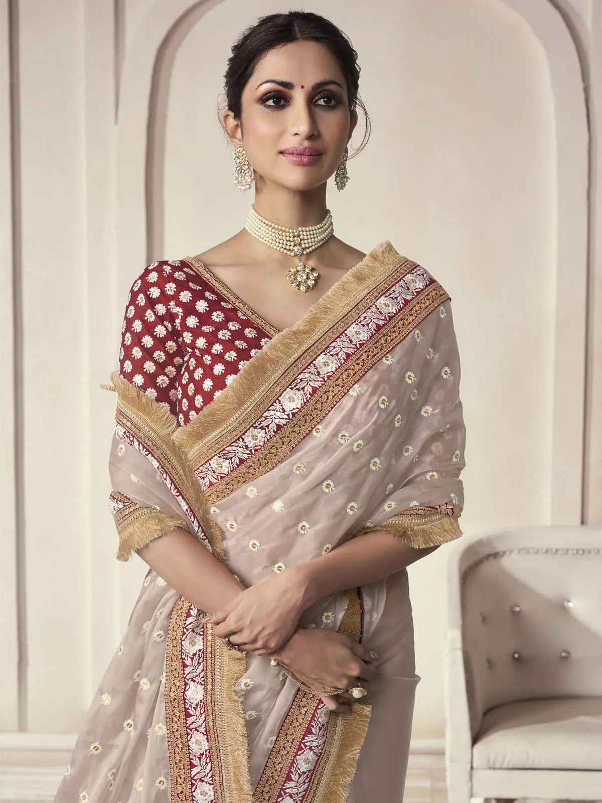 Beige Color Organza Embroidered Classic Saree