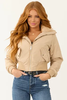 Beige Faux Fur Padded Zip Up Cropped Jacket