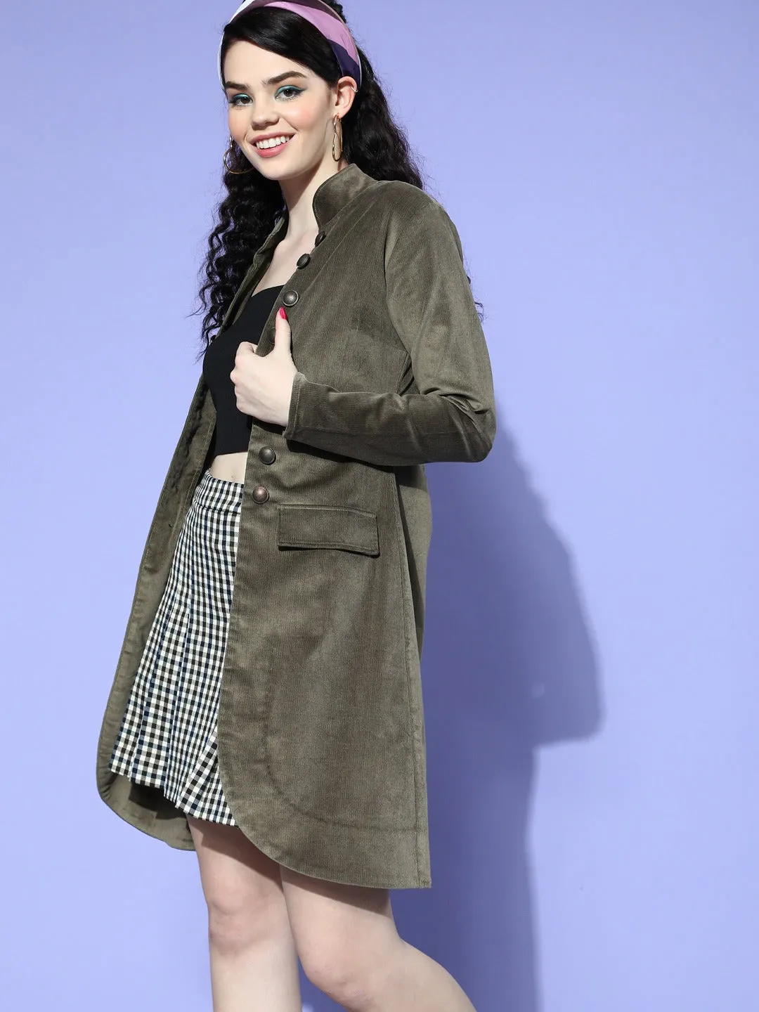 Berrylush Women Solid Olive Green Stand Collar Neck Front Button-Up Corduroy Longline Coat Jacket