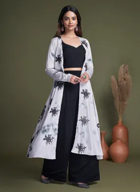 Black And White Sequence Embroidery Cape Style Co-Ord Palazzo Set