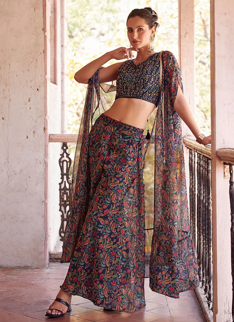 Blue Multi Embroidered Cape Style Co-Ord Sharara Set