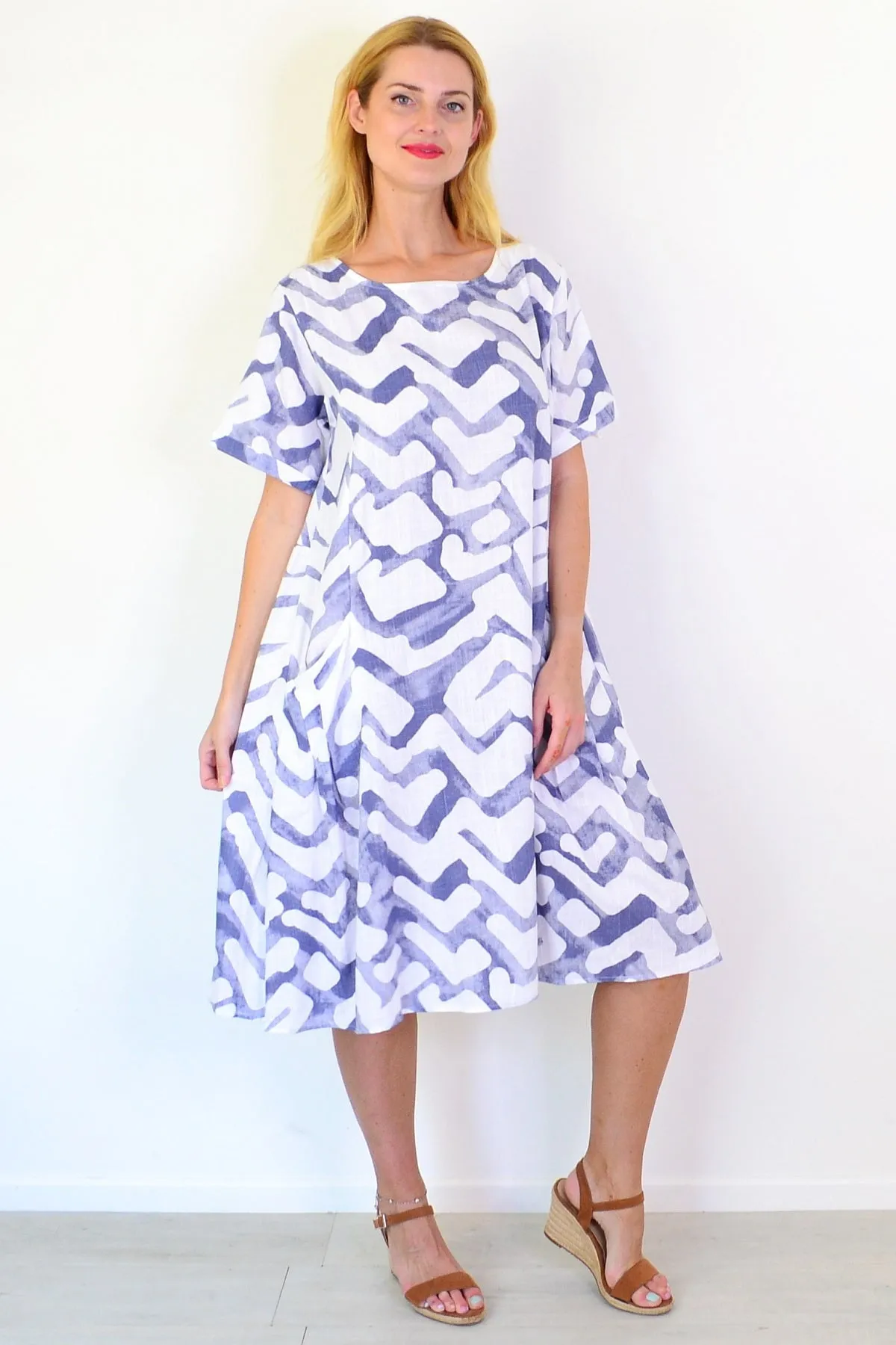 Blue Watercolour Cotton Linen Tunic Dress