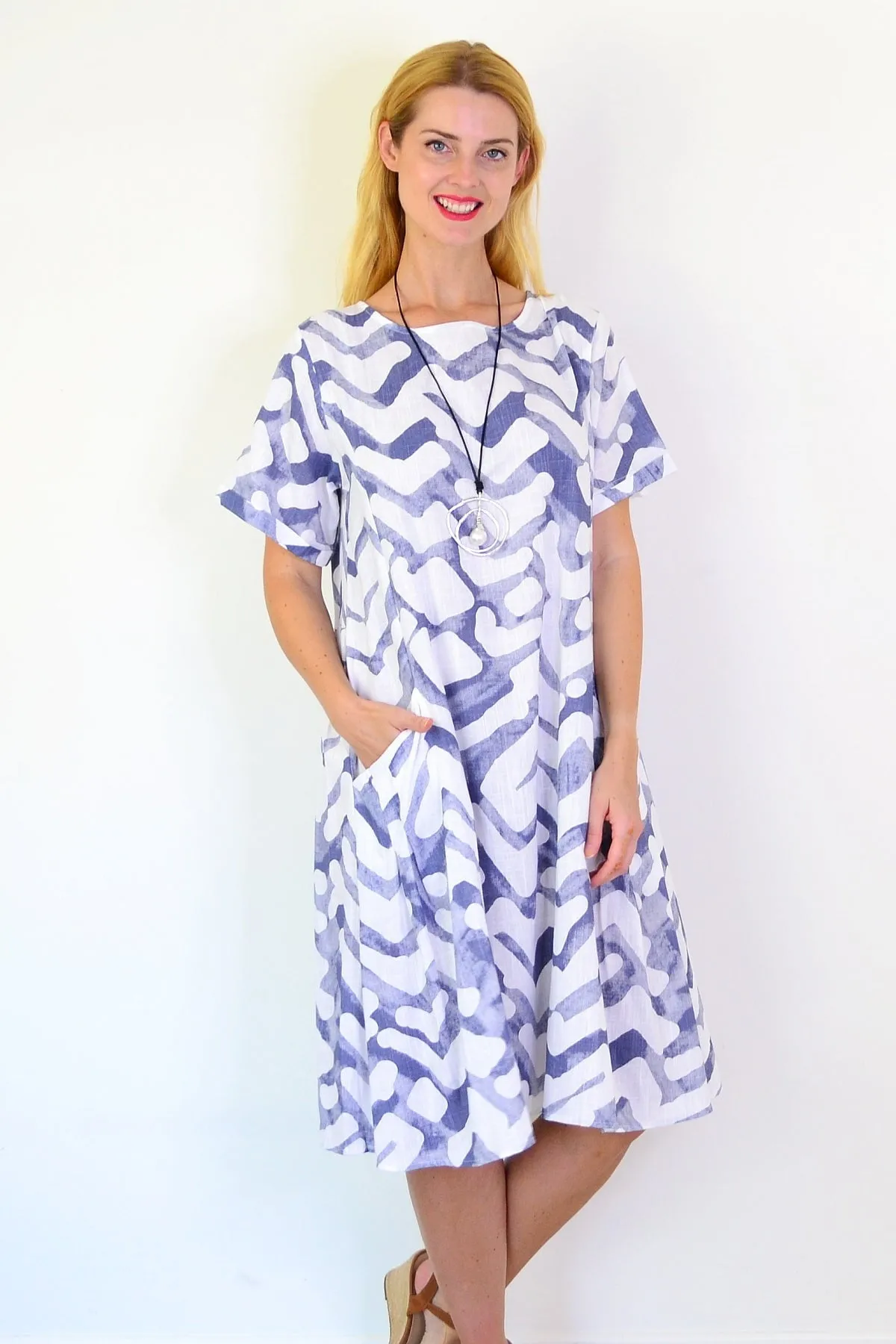 Blue Watercolour Cotton Linen Tunic Dress