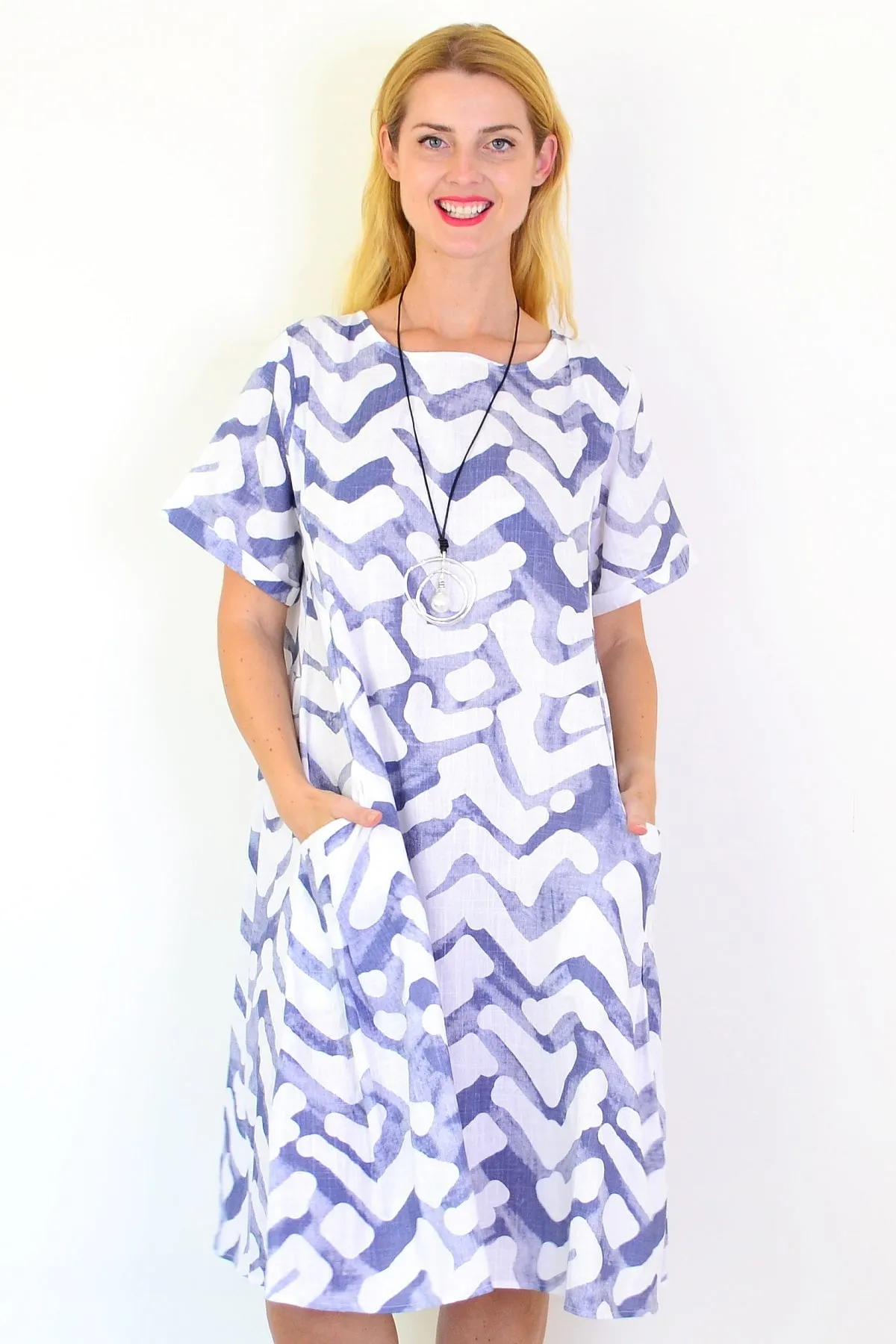 Blue Watercolour Cotton Linen Tunic Dress