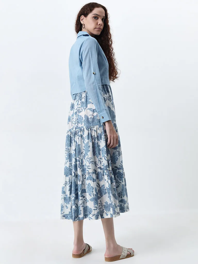 Bombay Paisley Dusty Blue Tiered Cotton Dress with Jacket