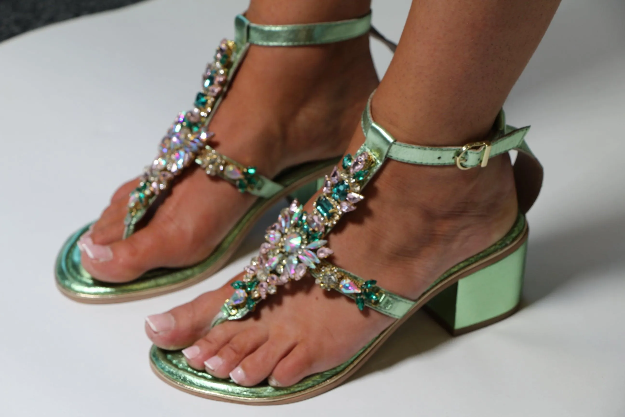 BOTTEGA Mint Green Metallic embellished Block Heel Sandal