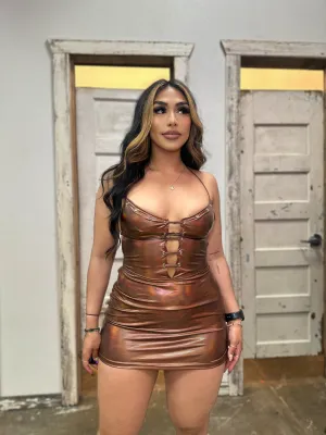 Brown Metallic Lace up Dress