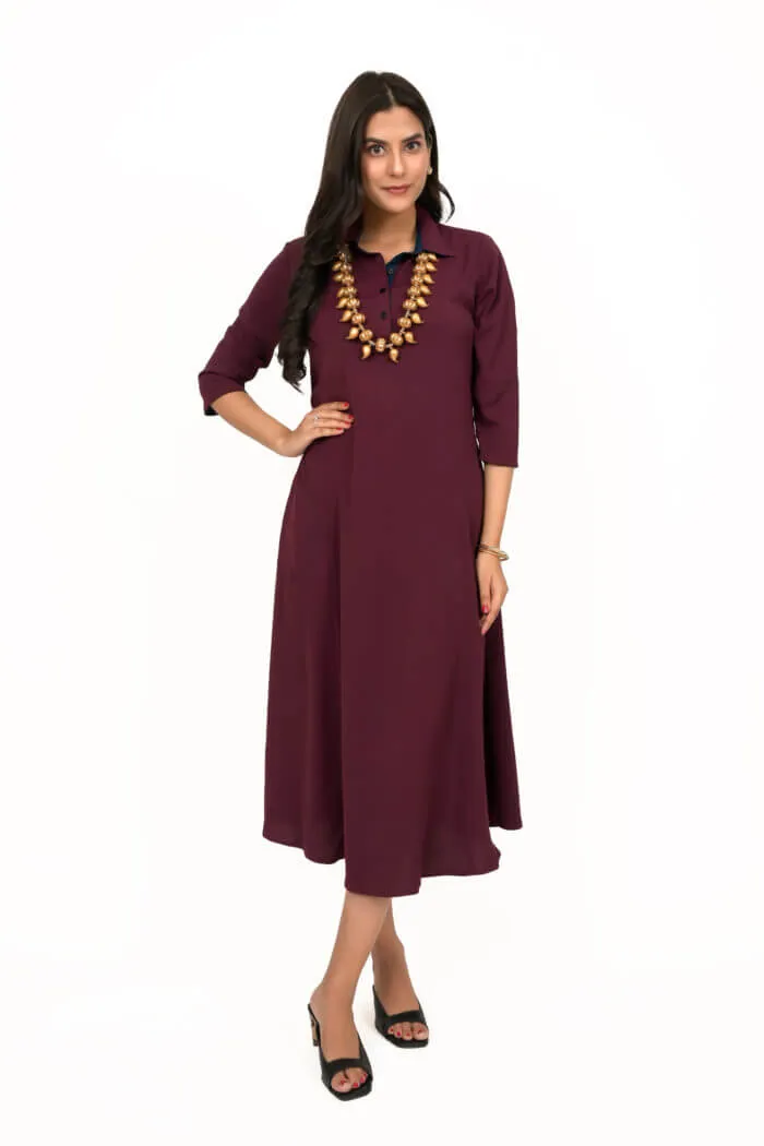 Burgundy A-Line Shirt Dress