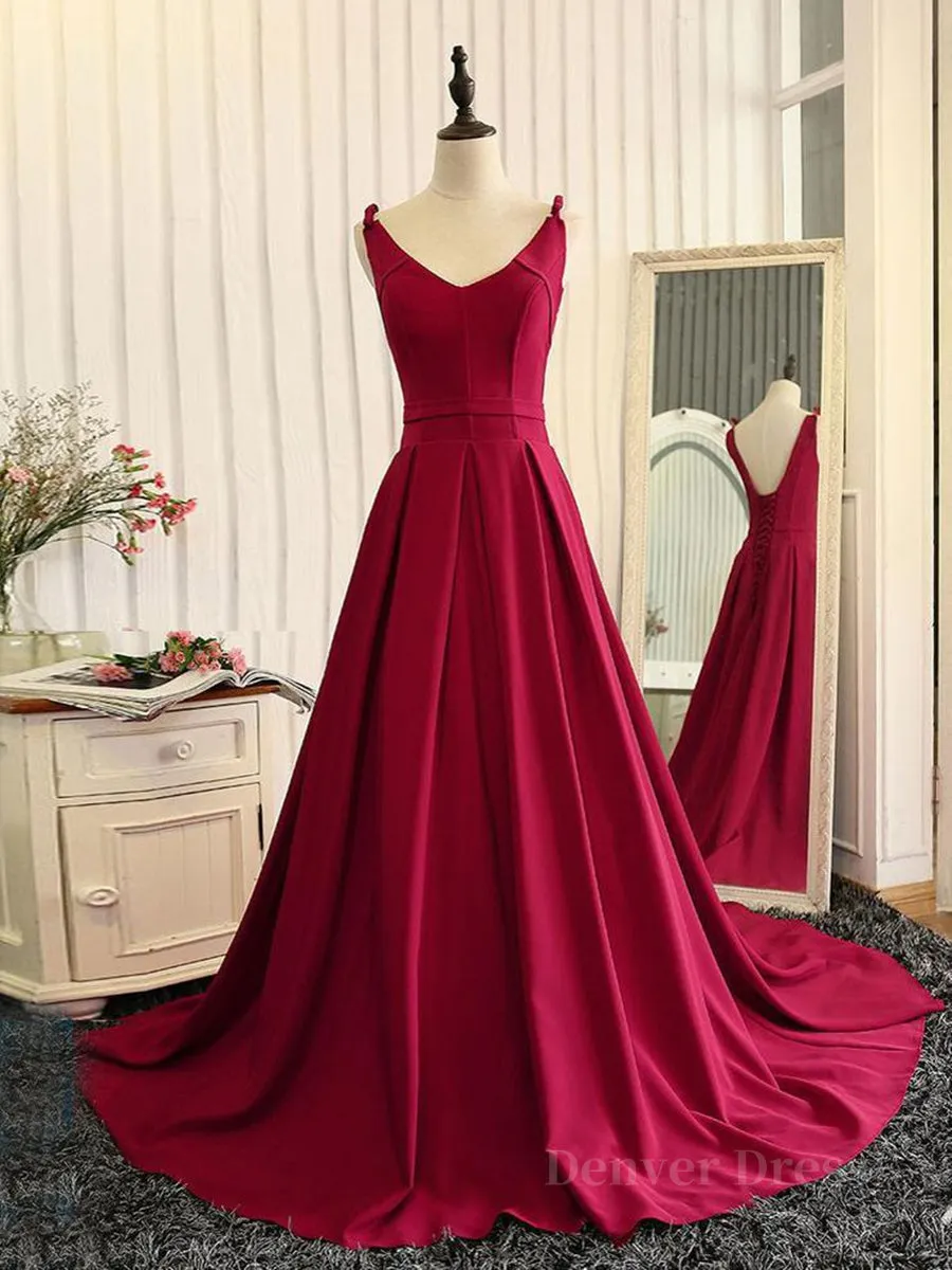 Burgundy A Line V Neck Sweep Train Open Back Satin Long Prom Dress, V Neck Burgundy Formal Dress, Backless Evening Dress