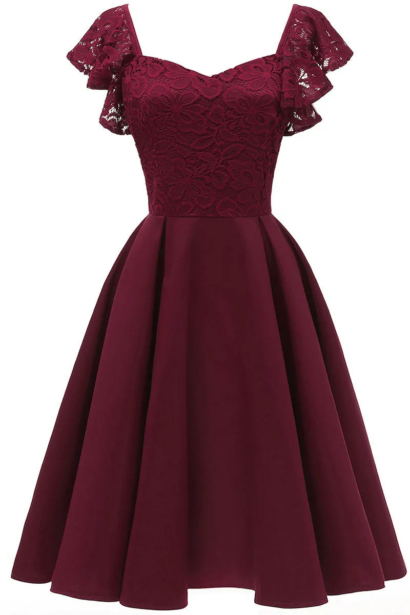 Burgundy Cap Sleeves Satin Homecoming Dress