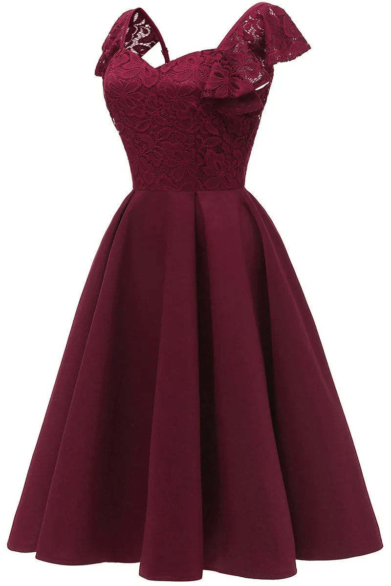 Burgundy Cap Sleeves Satin Homecoming Dress