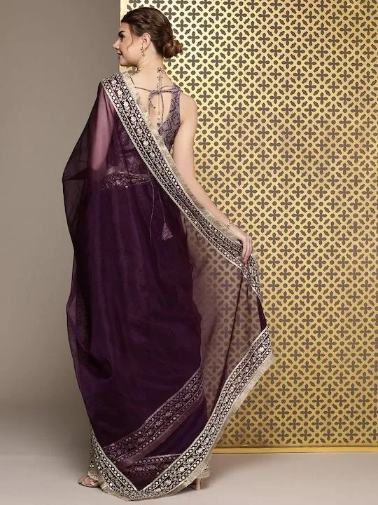 Burgundy Embroidered Organza Saree