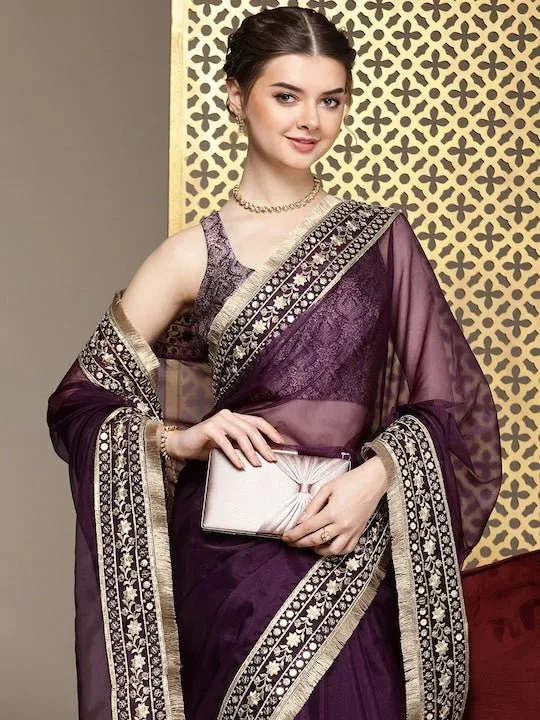 Burgundy Embroidered Organza Saree