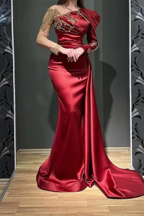 Burgundy Long Mermaid Asymmetrical Ruffles Satin Tulle Prom Dress with Sleeves