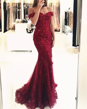 Burgundy Long Mermaid Off the Shoulder Tulle Beaded Lace Prom Dresses