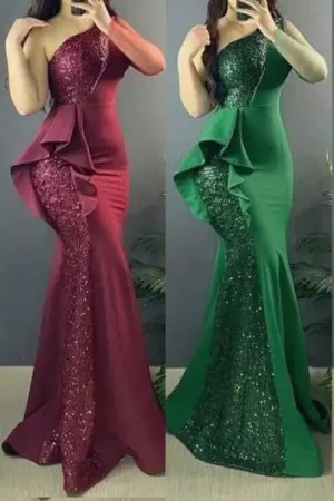 Burgundy One Shoulder Mermaid Formal Gown Evening Prom Dress