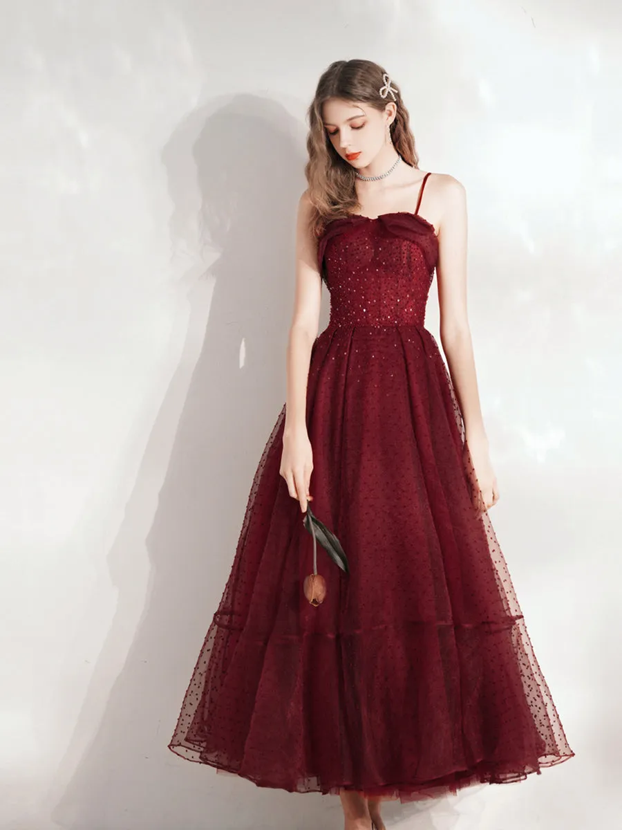 Burgundy Polka Dot Tea Length Prom Dress Wedding Dress