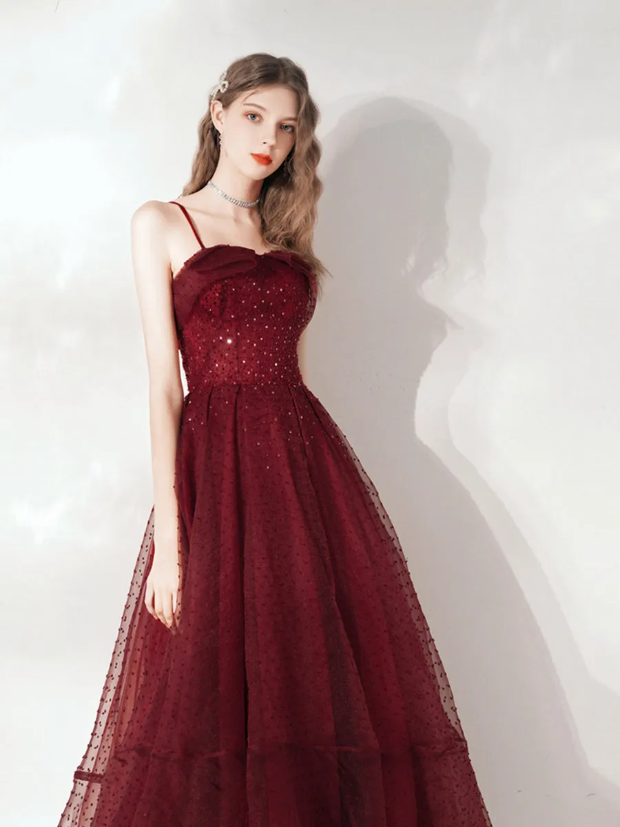 Burgundy Polka Dot Tea Length Prom Dress Wedding Dress