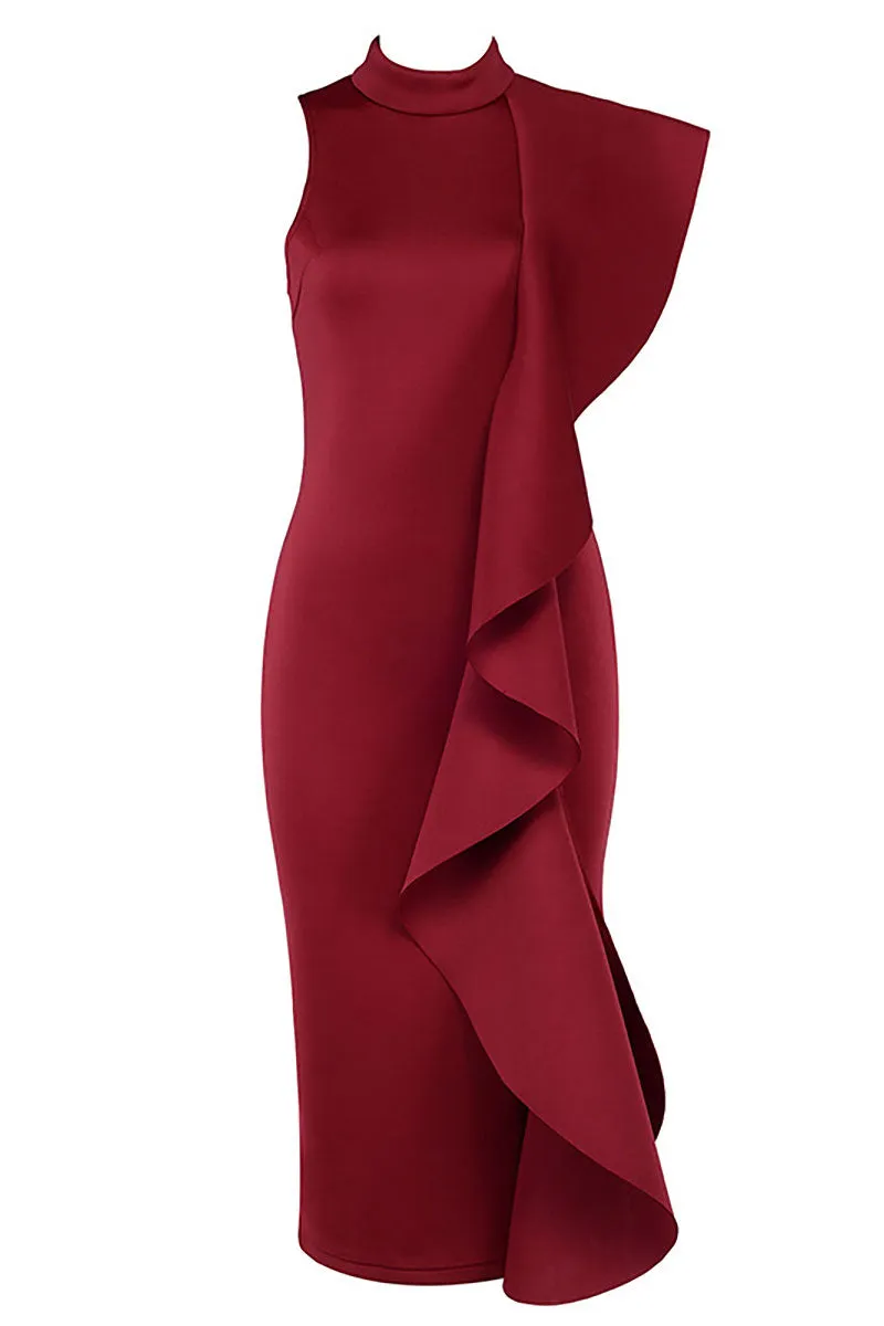 Burgundy Ruffle Slit Sexy Bandage Party Dress