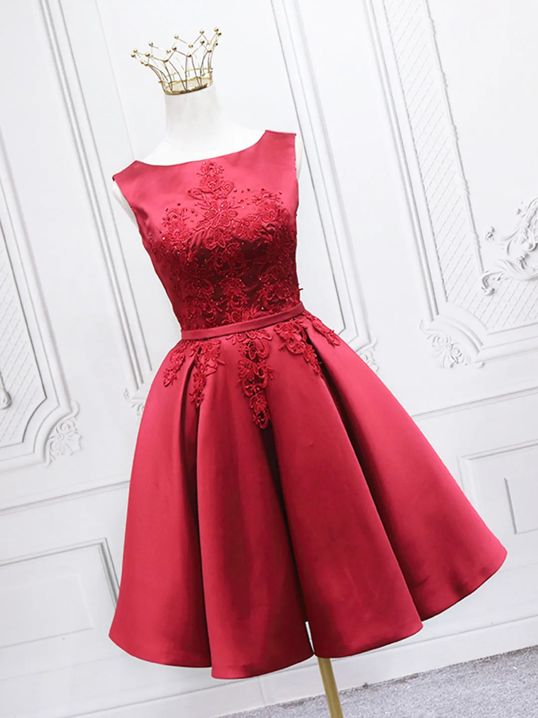 Burgundy Satin Lace Short Prom Dress, A-Line Homecoming Dress