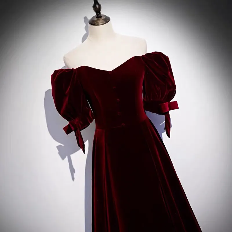 Burgundy Velvet Prom Dress with Bubble Sleeves