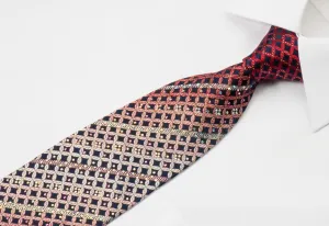 Cabrini Mens Silk Rhinestone Necktie Burgundy Black Geometric With Silver Sparkles