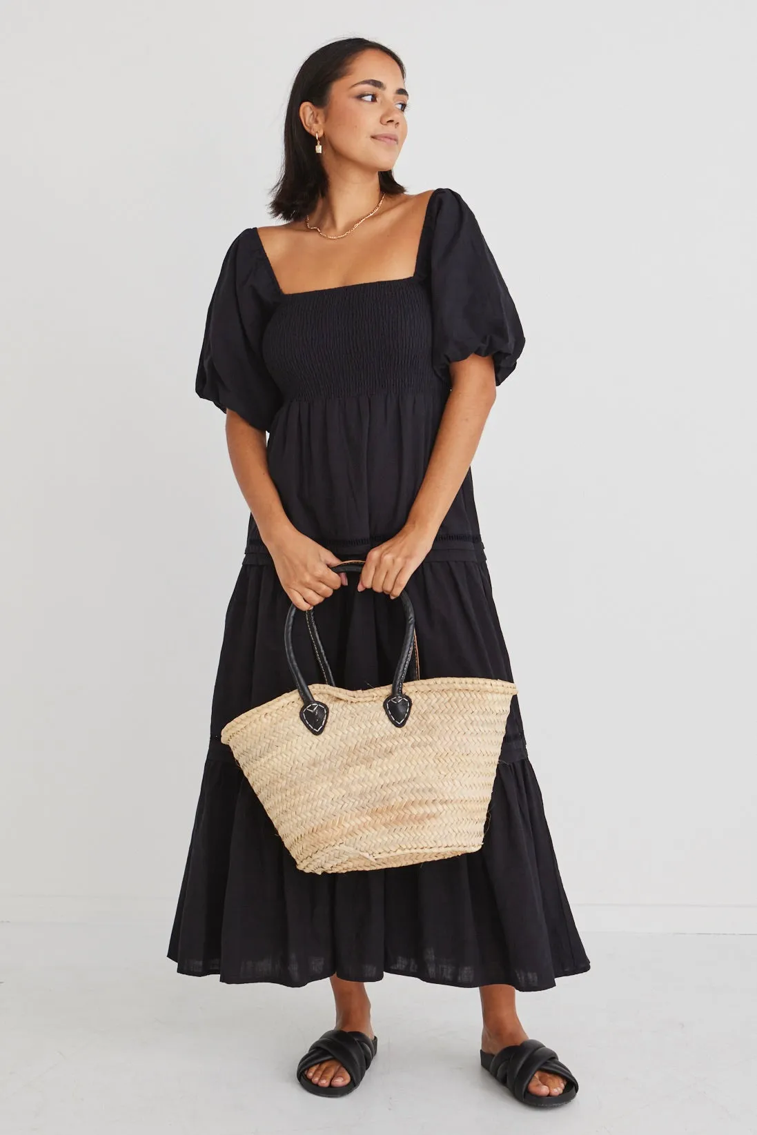 Captivate Black Cotton Puff Sleeve Tiered Midi Dress