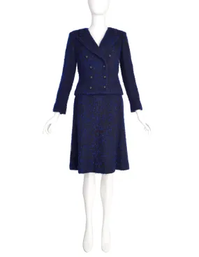 Chanel Vintage AW 2002 Runway Black Blue Wool Boucle Owl Button Two Piece Jacket Skirt Suit