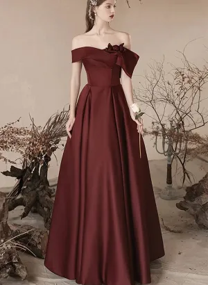 Chic Burgundy Satin Off Shoulder Party Dress, Satin Simple Prom Dress