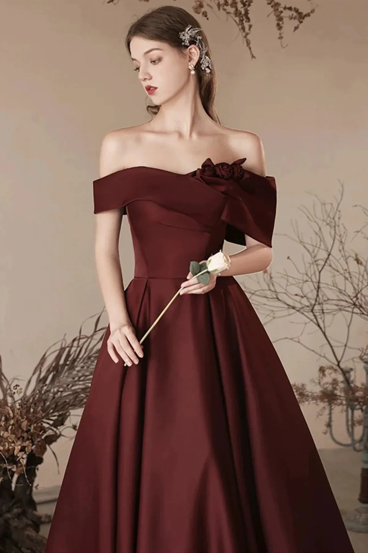 Chic Burgundy Satin Off Shoulder Party Dress, Satin Simple Prom Dress