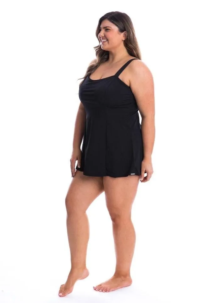 Chlorine Resistant Black Wide Strap Panelled Swim Dress