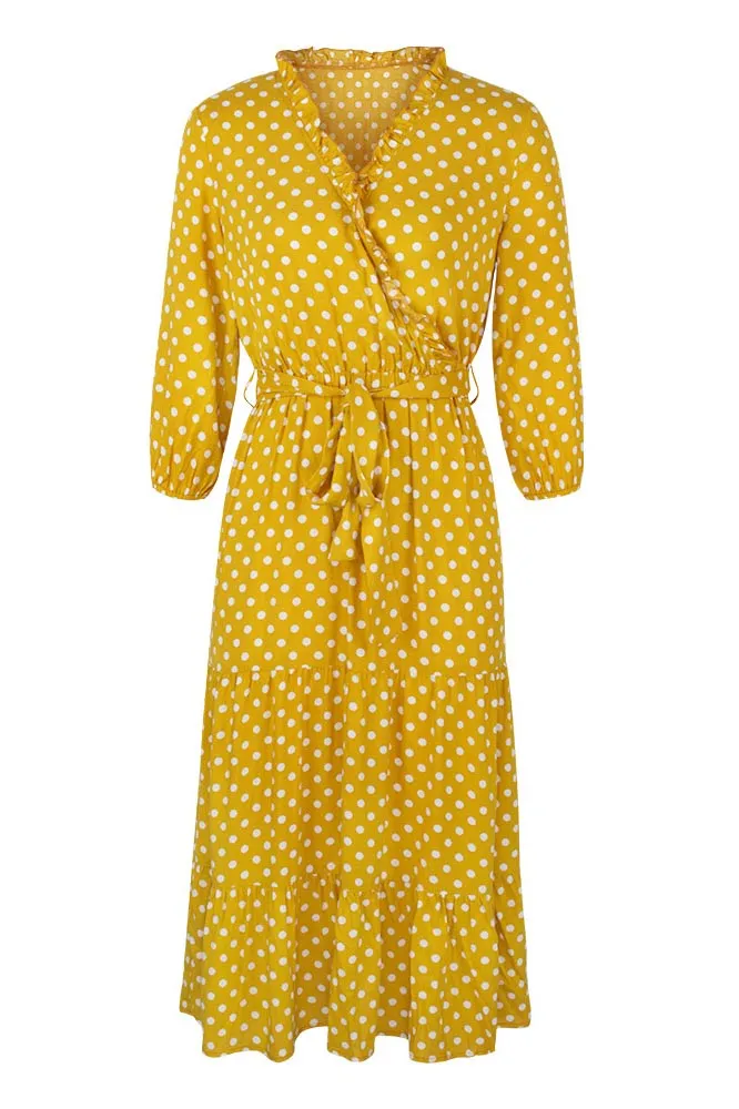 Classic Polka Dot Printed Gathered Waist  Midi Dress