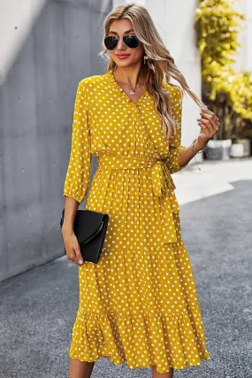 Classic Polka Dot Printed Gathered Waist  Midi Dress