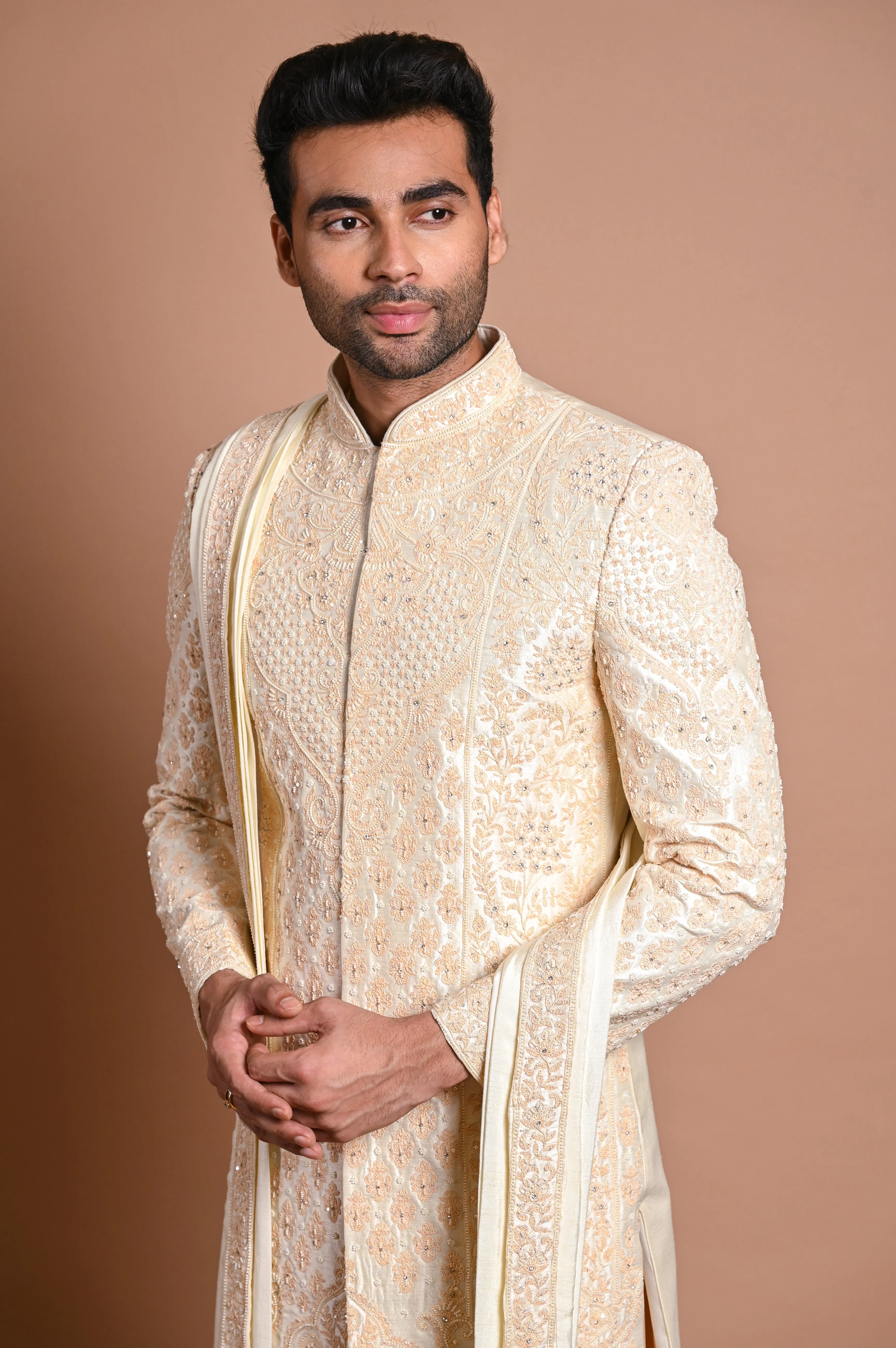 Cream Raw Silk Sherwani With Pearl & resham Work